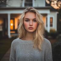 Young woman with wavy hair outside a house during sunset photo