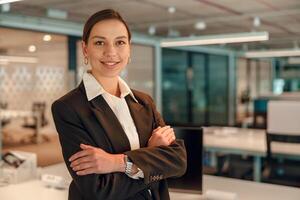 Portrait of a confident businesswoman in a modern office setting, exuding professionalism photo