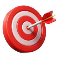 Red bullseye dart arrow hitting target center of dartboard. Concept of success, target, goal, achievement. Cartoon style 3D rendering png