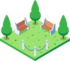 Isometric view of a peaceful city park featuring benches, trees, and a rope fence, creating a relaxing urban oasis vector