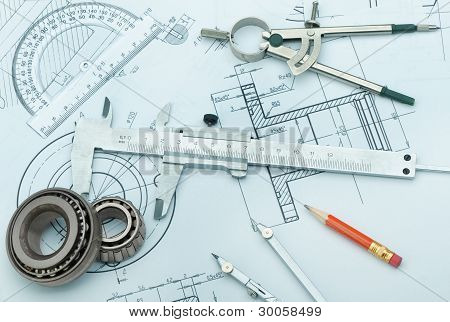 The Plan Industrial Details, A Protractor, Caliper, Divider And Bearing