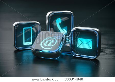 Contact us website page and internet concept.  Contact methods. Signs of phone, mobile, letter and e-mail. 3d illustration