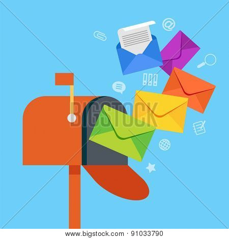 E-mail concept . Marketing e-mail . Mailbox and colored envelopes surrounded by icons . File is saved in AI10 EPS version. This illustration contains a transparency 