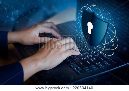 Press Enter Button On The Keyboard Computer Shield Cyber Key Lock Security System Abstract Technolog