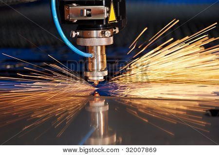 Industrial Laser cutting processing manufacture technology of flat sheet metal steel material with sparks