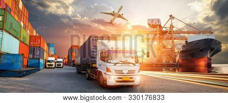 Container Truck In Ship Port For Business Logistics And Transportation Of Container Cargo Ship And C