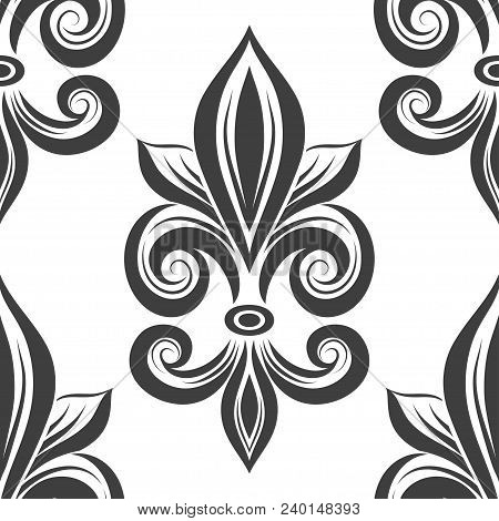 Black And White Fleur De Lis Seamless Pattern. Vintage Royal , Heraldic Lilly. Ornament. Turkish, In