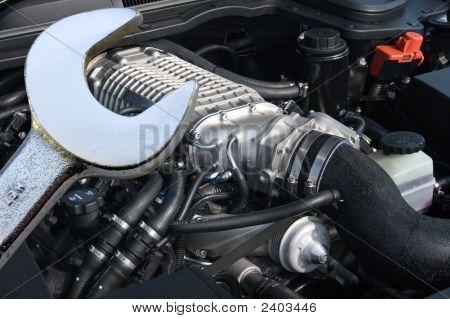 V8 Supercharged Car Engine And Spanner