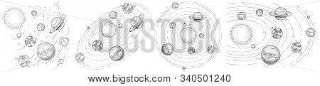 Sketch Solar System. Hand Drawn Planets Orbits, Planetary And Earth Orbit Vector Illustration Set. A