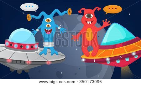 Aliens Cartoon Happy Monsters Flying In Space In Ships Vector Illustration. Cute Smiling Welcoming A