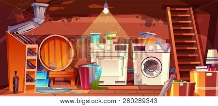 Cellar With Leakage Flood And Black Mould On Walls Vector Illustration. House Basement Or Wine Vault