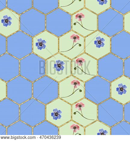 Hexagon Seamless Texture. Illustration In Stained Glass Style. Art Deco Style. Seamless Chaotic Hexa