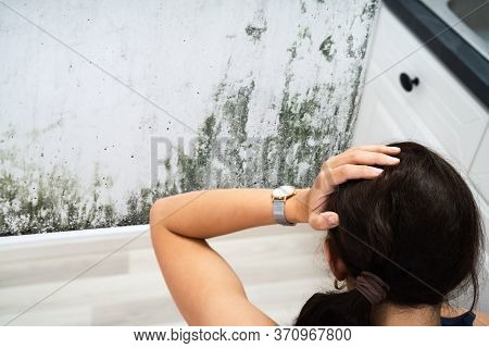 Woman Looking At Mold Wall Damage At Home