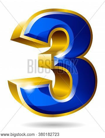 Golden And Blue Number Character 3 Isolated On White Background