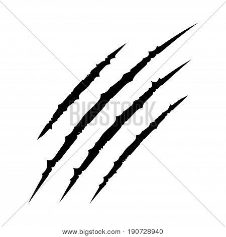 Black bloody claws animal scratch scrape track. Cat tiger scratches paw shape. Four nails trace. Funny design element. Flat design. White background. Isolated. Vector illustration