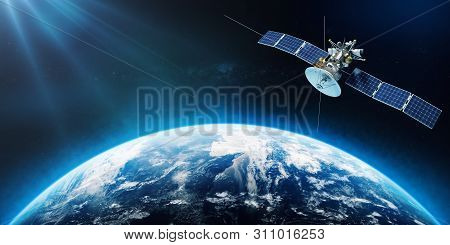 Space Satellite Orbiting The Earth. 3d Rendering