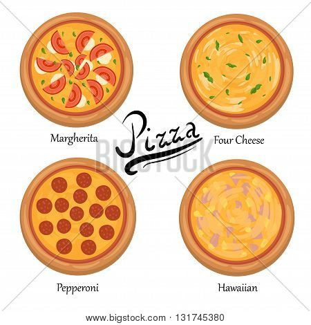 Pizza on the board and the ingredients for the pizza set of flat pizza icons isolated on white illustration of tasty pizza Pizza menu illustration isolated. Pizza vector collection isolated on white.