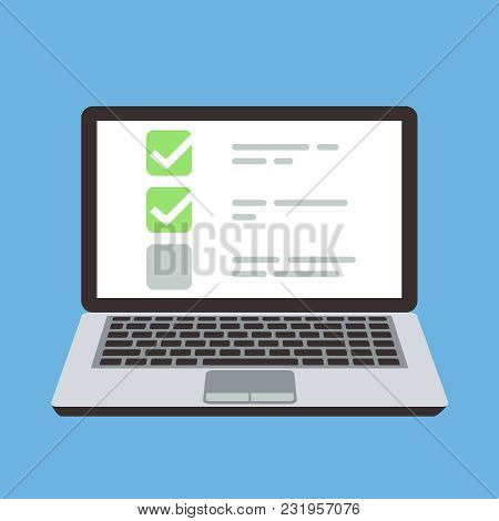 Computer Laptop With Online Quiz Form Checklist On Screen. Choice And Survey Vector Cartoon Concept.