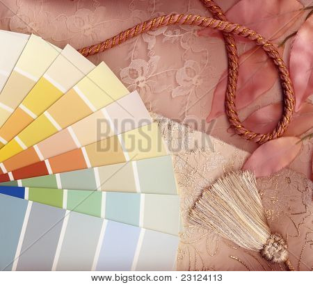 Neutral and pink interior decoration plan with swatches