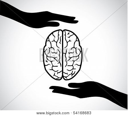 Hand Silhouettes Protecting A Human Brain Or Mind - Mental Health Services Icon Or Symbol Concept