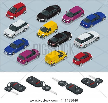 Car and Car keys icons. Car keys. Flat 3d isometric vector high quality city transport car icon set. Car, van, cargo truck, off-road. Transport set. Set of urban public and freight transport