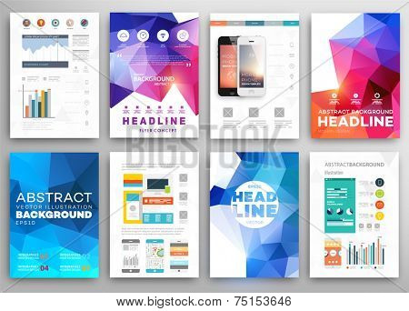 Set of Flyer, Brochure Design Templates. Geometric Triangular Abstract Modern Backgrounds. Mobile Technologies, Applications and Online Services Infographic Concept.