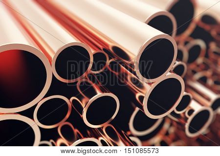 Industry business production and heavy metallurgical industrial products, many shiny steel pipes, industrial background, manufacturing business production concept, copper pipes with selective focus effect. 3D illustration.