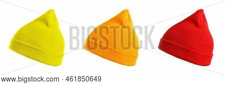 Wool Hat Isolated On White Background. Knitted Hat Isolated On White Background. Wool Beanie Variant