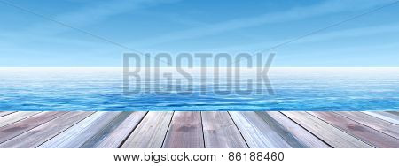 Concept or conceptual old wood or wooden deck on coast of exotic blue clear sea or ocean waves and sky vacation or tourism background banner