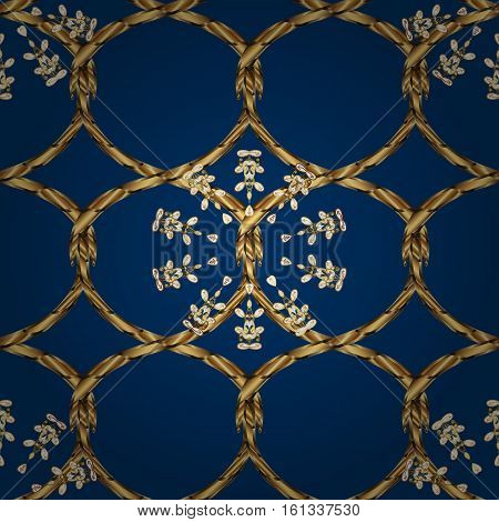 Seamless Vintage Pattern On Blue Background With Golden Elements.