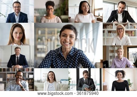 Webcam Screen View Multiracial Businesspeople Involved In Group Videoconference Meeting