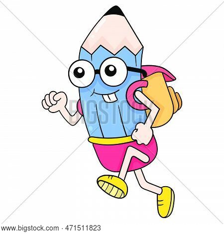 Pencil Kid Carrying A Bag To Go To School, Vector Illustration Art. Doodle Icon Image Kawaii.