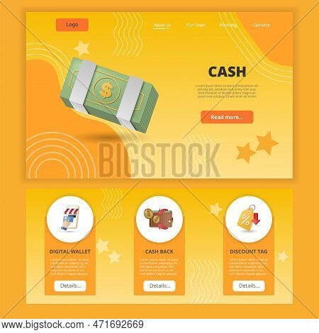 Cash Flat Landing Page Website Template. Digital Wallet, Cash Back, Discount Tag. Web Banner With He