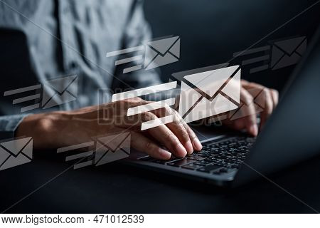 Businessman Sending Email By Laptop Computer To Customer, Business Contact And Communication, Email 