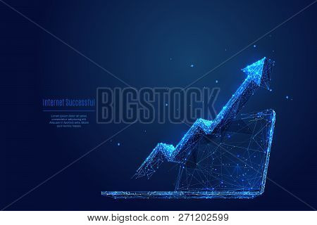 Vector Arrow Up On Laptop. Abstract Image Of Financial Growth In The Form Of A Starry Sky Or Space, 