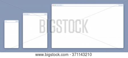Browser Mockups. Website Window For Different Devices As Desktop Computer Or Laptop, Tablet And Mobi