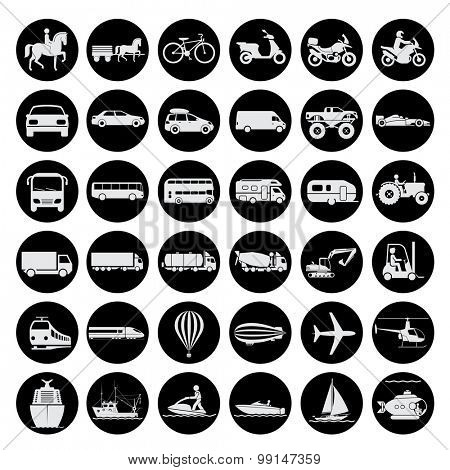 Collection of signs presenting different modes of transport on land, water and in the air. Vintage and modern means of transportation. Transportation icons. Vector illustration.