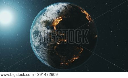 Earth planet orbit rotating at bright sun in dark outer space. Realistic third planet of Solar system orbital spin with star sky at background. Illuminated mainlands at world globus. 3d animation