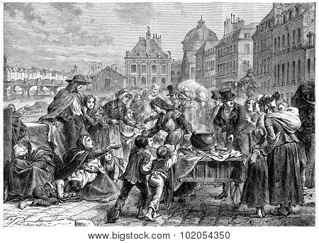 Distribution of food to the starving peasants, vintage engraved illustration. History of France 1885.