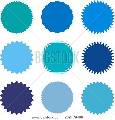 Set of starburst, sunburst badges, labels, stickers. Different shades of blue color. Simple flat style. Vintage, retro. Design elements. A collection of different types icon. Vector illustration