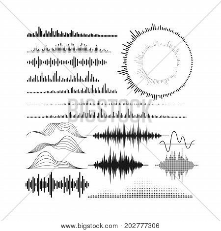 Set of audio equalizer shapes. Sound wave forms. Digital music graphic visualization. HUD elements for design. Vector technology illustration