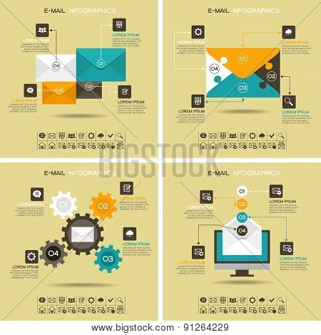 E-mail infographics. Marketing e-mail. Four abstract pattern with 
envelope, E-mail icons, text and numbers. File is saved in AI10 EPS version. This illustration contains a transparency 