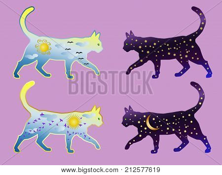 A Set Of Four Cats, Two Cat-day And Two Cat-night. Cat Silhouette Painted With Day Sky, With Clouds,