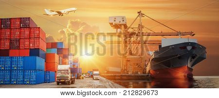 Logistics And Transportation Of Container Cargo Ship And Cargo Plane With Working Crane Bridge In Sh