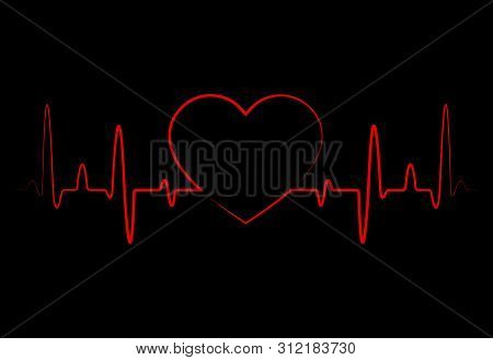 Abstract Heart Beats, Cardiogram. Cardiology Black Background With Red Heart. Pulse Of Life Line For