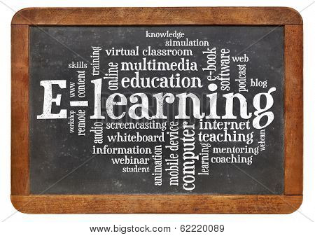 online education concept - e-learning word cloud on a vintage slate blackboard