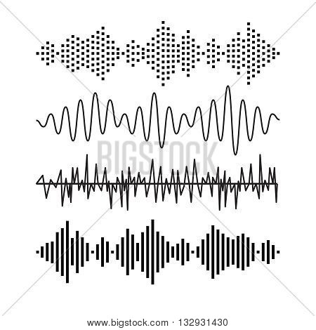 Set of sound audio waves music. EQ musical melody technology. Record vector. Musical wave form. Rocorder melody sound. Music wave elements.