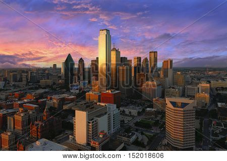 Dallas City Skyline at dusk sunset. Dallas Texas downtown business center. Commercial zone in big city. Dallas City view from Reunion Tower.