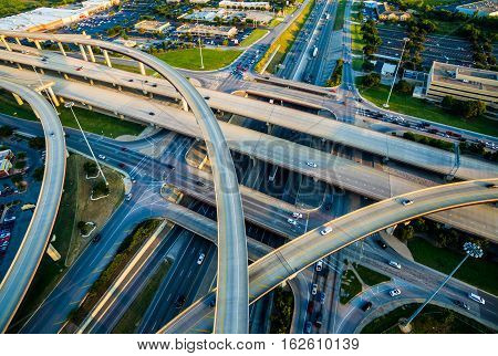 Interchange , Loops , and Highways Interstate 35 and Toll Road 45 Austin Texas Transportation. Intersections at busy Round Rock - Austin Texas Interstate and Highways crossing and turning. Aerial Drone Bird`s eye view of Texas Hill Country highways