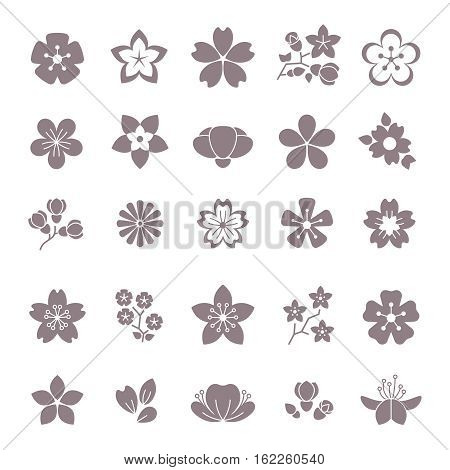 Simple flower, floral graphic vector icons set. Silhouette of flowers, illustration blossom flower